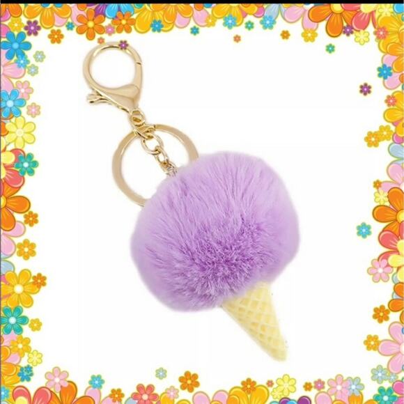 Ice cream cone pompom keychain charm in purple - Picture 1 of 2